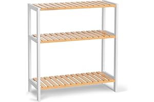 VASMIA Badezimmerregal, Badregal, Küchenregal, Schuhregal Schmal mit 3 Ebenen, Standregal aus Bambus, 26 x 60 x 66 cm, für Bad, Wohnzimmer, Flur, Küche,Schlafzimmer, Balkon,Weiß+Natürlich