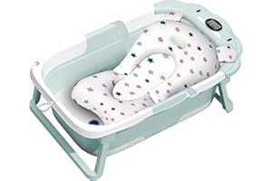 ITMNMNL Bañera Plegable Bebé,Bañera Bebe,Bañera Bebe Plegable con Termómetro Integrado,con Cojin Bañera Bebe,Bañeras para Bebes,Baby Bath Regalo de Nacimiento Ideal Para Niñas o Niños (Verde)