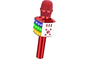 BONAOK Micrófono Bluetooth Karaoke Infantil, Micrófono Karaoke Bluetooth con Luces LED, Micrófono Grabación de Canto para Niños, Reproductor Portátil de KTV para Fiestas Casa, para Android iOS (Rojo)