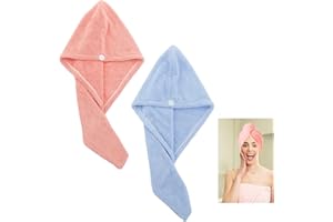 HEIGESENG Lot de 2 serviettes en microfibre - Super absorbantes - Avec boutons - Turban torsadé - Absorbant rapidement - Pour sécher les cheveux longs