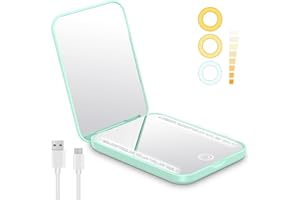 Benbilry Compact Mirror with Light, USB Rechargeable Travel Makeup Mirror with 1X/3X Magnifying & 3 LED Colors, Dimmable Magnetic Closing Memory Folding Pocket Mirror, Gift for Women, Green
