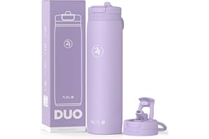 Fuel24 Duo - Stainless Steel Water Bottle 700ml or 1L - Vacuum Insulated Metal Flask with Straw (Dual use Lid) 1 Litre - for Sports, Gym, Work – Slim Design (Lavender, 700 ml)
