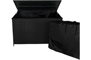 MONSTER SHOP Caja de Almacenamiento de Exterior Ratán 582L NEGRO + Bolsa Impermeable | Estructura de Acero | Resistente a los Rayos UV y a diversas condiciones climáticas | Tapa de Elevación Asistida |con Ruedas