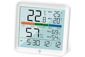 NOKLEAD Higrometr wewnętrzny cyfrowy termometr pokojowy duży ekran LCD z dotykowym podświetleniem, funkcja zapisywania min/maks, strefa komfortu, zegar, data, termometr