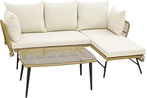 COSTWAY 3 Pieces Rattan Garden Furniture Set, L Shaped Patio Conversation Set with Cushions, Lounge & Tempered Glass Table, Outdoor Sectional Corner Sofa Set for Yard, Poolside and Lawn (Cream White)