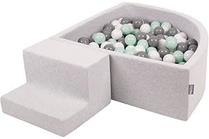 KiddyMoon Spielplatz Aus Schaumstoff Mit Viertel Eckig Bällebad (200 Bälle) Hindernisläufe, Hellgrau:Weiß/Grau/Minze