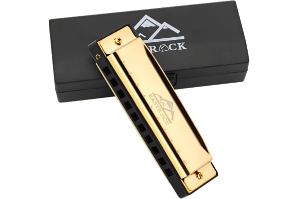 EastRock Blues Harmonica à bouche en do à 10 trous avec étui, harmonica diatonique pour joueur professionnel, débutant, étudiant, cadeau pour adultes, amis, cadeau (doré)