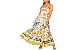 GRMLRPT Letnia sukienka damska, długa sukienka maxi, letnia sukienka w stylu retro, elegancka sukienka na ramiączkach spaghetti, sukienka na czas wolny, sukienka plażowa (wielokolorowa, S)