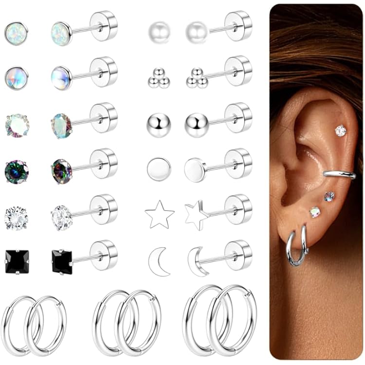 Lot De 20 Paires De Boucles D'oreilles Pour Multi-piercings – Acier Inoxydable Hypoallergénique – Styles Zirconia, Perle, Anneau – Taille 5 Mm – Pour Helix, Cartilage