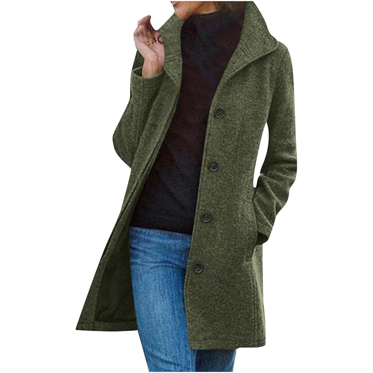 FUPODD Wollmantel Damen Winter Mittellanger Trenchcoat Große Größen Winter Mantel Mit Taschen Wintermantel Warmer Übergangsjacke Mit Kapuze Coat Einfarbig Tweed Jacke Frauen Mit Knöpfen Outwear