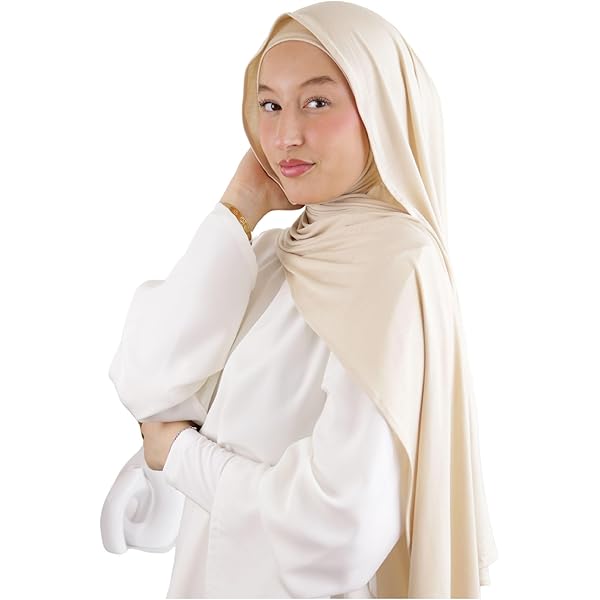 Hijab om aan te trekken volledig jersey natuurlijke bamboevezels hijab ademend en hypoallergeen voor moslimvrouwen gesluierde islamitische sjaal slip-on sluier HE340, Beige, Eén maat