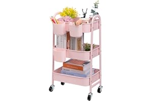 DOEWORKS Carrito de Almacenamiento Metálicos Carrito Cocina con 3 Tazas, Carro Servicio de 3 Niveles Carro Rodante Carrito Auxiliar con Ruedas para Baño Dormitorio Oficina, Rosado con Tazas