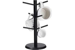 NUENEN Árbol de Taza de Café de 14 Pulgadas Soporte de Taza de Café Extraíble Estante de Taza de Mostrador con 6 Ganchos para Hogar Cocina Oficina Restaurante Cafetería (Negro, Bambú)