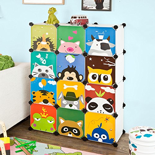 SoBuy FSS52, DIY 12 Cubes with Doors, Children Storage Unit, Interlocking Cube Storage Organiser Cabinet Wardrobe -Animals