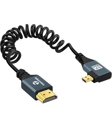 Right Angle Micro-HDMI To HDMI Cable 4K60 8K - Braided Coiled 30cm For Cameras & Monitors