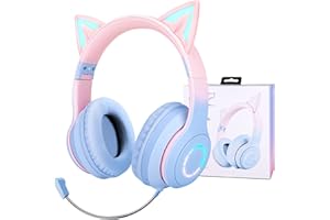JYPS Bezprzewodowe słuchawki dziecięce dla dziewcząt, podświetlane kocie ucho dla dzieci, słuchawki Bluetooth, regulowane słuchawki nauszne z mikrofonem dla nastolatków, dorosłych, kobiet, tabletów,