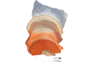 Winged Sirenny Spinning Belly Dance Long Fan Pois 59" (150 cm) Pairs, Adjustable Real Silk Fan Veils (orange fading)