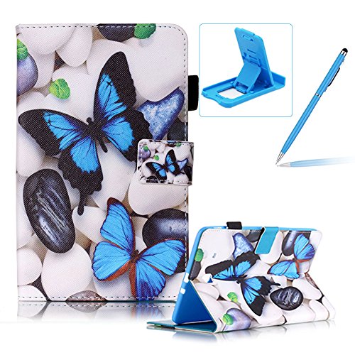 Für Samsung Galaxy Tab E 9.6 Zoll SM-T560 Leder Tasche Hülle,Für Samsung Galaxy Tab E 9.6 Zoll SM-T560 Leichter Wallet Kickstand Hülle,Herzzer Mode Hübsch [Blauer Schmetterling Gedruckt] Shockproof Kratzfest PU leder Mappen Geldbeutel Folio Abdeckung mit Karte Bargeld Schlitz Weiche TPU Innere Kasten Hülle Case für Samsung Galaxy Tab E 9.6 Zoll SM-T560 + 1 x Frei Blau Handy Halterung Ständer + 1 x Frei Blau Stift Stylus