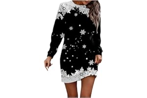 SHE.WHITE Weihnachtskleid Damen Langarm Rundhals Pullikleid Weihnachtskleid Langer Pulloverkleid Frauen Kleider Pullover Elegant Wickelkleid Schneeflocken Muster Bequem Für Winter Freizeit Partykleid 2024