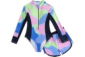 JiAmy Traje de Baño Niña 2 Piezas, Camiseta Mangas Largas Protectora Solar con Shorts, Estampado Tie-Dye para Chicas Adolescentes 8 a 13 Años