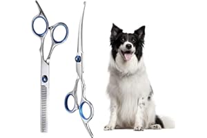 FANNAS 2 Pezzi Blu Forbici Toelettatura Cani Curva,Set per Capelli per Animali Domestici,Forbici per Animali,Adatto per Animali Domestici e Cani per Tagliare I Capelli