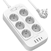 JSVER Power Strip Plug, 4 USB Ports (3 USB A + 1 USB C) and 6 Outlets, Surge Protection, Cable 2 m &ndash; White