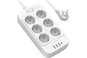 JSVER Regleta Enchufe, 4 Puertos USB (3 USB A + 1 USB C) y 6 Tomas, Protección Sobretensión, Cable 2m - Blanco