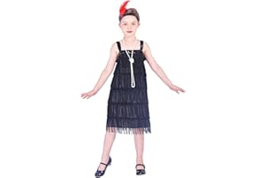 Rabtero Kinder Roaring the 20er Jahre Fancy Kleid Kostüm, Mädchen Flapper Kleid mit Perlenkette und Feder Stirnband, Gangster Flapper Kleid für Mädchen