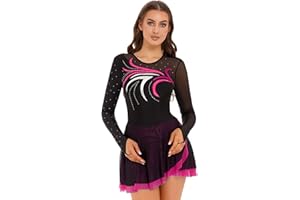 Nyeemya Vestido De Patinaje Artístico Danza Maillot para Mujer Traje Brillar Malla Patchwork Vestido Manga Larga Ropa De Baile