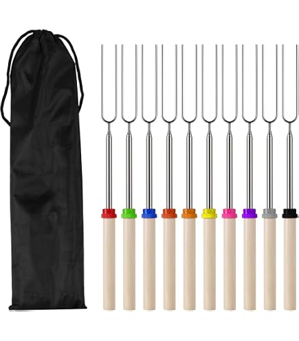 Set di 8 spiedini da arrosto, per marshmallow e smore, con manico in legno, estensibili, bastoncini per falò da campeggio e barbecue, 81 cm
