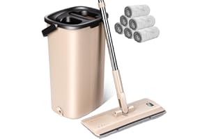 Masthome Mocio Lavapavimenti e Secchio Strizzatore, Mocio Lavapavimenti Professionale, Mop Piatto con Secchio per Pavimenti, Strizzatura a Mani Libere, con 6 Panni Riutilizzabili in Microfibra