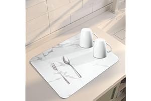 TENQUAN Dish Drying Mat 60x40cm Kitchen Drying Mat with Non-Slip Bottom Fast-Drying Dishes Mat Absorbent Coffee Machine Mat Countertop Protector for Worktop Bar Sink (White Marble)