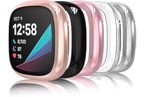 Hianjoo 5-PCS Screen Protectors Compatible with Fitbit Versa 3 / Sense, Slim TPU Plated Full Coverage Screen Bumper Cover Case Compatible with Fitbit Sense/Versa 3 -Clear,Black, Rose Gold,Pink