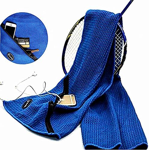 Microfibre Gym Towel with Zip Pocket Super Absorbent Yoga Travel Sports Towel Holds Keys or Phone – 110x30cm- Lightweight Compact Towels for Camping Travelling Fitness Crossfit Pliates Workout (Blue)