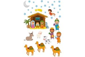 ETIKIDS Portal de Belén con Reyes Magos. Vinilo Electroestático Navideño para Ventanas. Pegatinas Reutilizables para Cristales y Escaparates.
