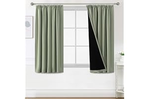 H.Versailtex 100% Blackout Curtains for Bedroom, Pencil Pleat Black Out Living Room Curtains Super Soft Thermal Insulated Curtain Pair Panel with Tiebacks, W46x L54 Inch, 2 Panels, Light Sage