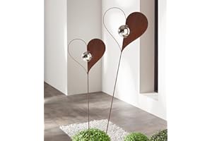 Dekoleidenschaft Lot de 2 piquets de jardin en forme de cœur avec boule en métal aspect rouille, 100 et 123 cm de haut, décoration de jardin pour l'extérieur