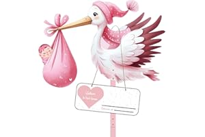 SHENGRUILI Set di cicogna a sonagli per la nascita del bambino, altezza 81 cm, grande carina cicogna a sonagli in legno per bambini, stampa su entrambi i lati, cicogna di nascita con asta in legno + targhetta