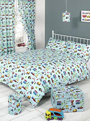CHILDRENS CURTAINS ONE PAIR OF TRAFFIC CARS PRINT BLUE WHITE RED CURTAINS 66"X72" (168CM X 183CM) APPROX BOYS BEDROOM CURTAINS UNLINED WITH PENCIL PLEAT TOP / TIEBACKS INCLUDED