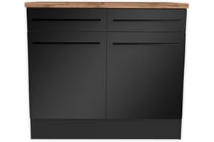 ‎STELLA TRADING Stella Trading Jazz Moderner Küchenunterschrank 2-türig in Schwarz matt, Lanzelot Eiche Optik - Geräumiger Unterschrank Küche mit viel Stauraum - 100 x 90 x 60 cm (B/H/T)