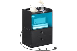 HOOBRO Stolik nocny z paskiem LED, stolik pomocniczy ze stacją ładującą, 2 szuflady, schowek z regulowanym światłem, do sypialni, salonu, nowoczesny styl, czarny EBK28CDBZ01