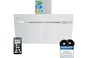 KKT KOLBE A+++ Dunstabzugshaube 90 cm 782 cbm/h Umluft Abluft Kopffrei Wandhaube | Weiß Silber Glas | Nachlaufautomatik | Smart WiFi App WLAN | SensorTouch | RGBW LED-Beleuchtung | AURORA9005WED