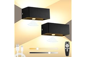 BOBOPAI Cordless Battery Operated Wall Light with Motion Sensor, USB Rechargeable Battery Wall Lamp with Remote Control, Indoor Dimmable LED Wall Sconces with Switch, 6W, 4400mAh, 2 Pack,Black