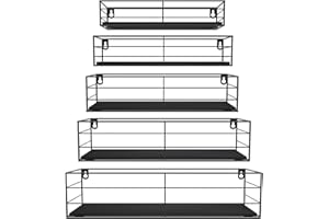 HORLIMER Set of 5 Floating Shelves for Wall with Black Metal - Sturdy and Decorative Wall Mounted Shelves for Storage in the Kitchen Living Room Bathroom(Rectangular)
