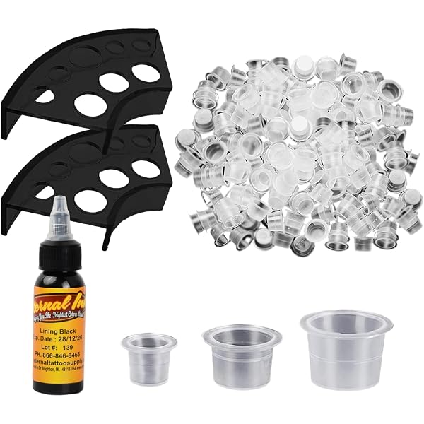 300 Stück Tattoo Tintenbecher Set - 100 S/M/L + 2 Halter + 30 Ml Schwarze Tattoo Farbe