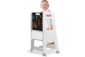 Hlieeosfcn Learning Tower 3 Level Adjustable Heights 91cm,Toddler Kitchen Helper with Detachable Chalkboard, kids kitchen Step Stool for Kitchen Counter (White)