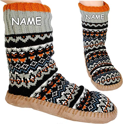 Preisvergleich Produktbild alles-meine.de GmbH Hausschuhe / Hüttenschuhe / Pantoffel - Strick - Norweger Muster - ORANGE / schwarz - Flausch gefüttert - Größe 41 bis 46 - incl. Name - Plüschhausschuh -..