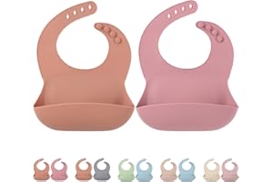 COTTONBEBE Silikon Lätzchen Baby, Baby Lätzchen mit Auffangschale, BPA-Frei Abwaschbar Wasserdichte Baby Fütterlätzchen für Mädchen und Junge, 4 Verstellbaren Tasten, 2 Stück