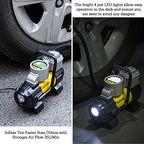 AstroAI Compresseur Voiture 12V d'Air Portable, Gonfleur Pneus Voiture Électrique 10 Bar avec Adapteur de Buse, Fusible Supplémentaire, LED Lampe, Digital LCD Écran des Pneus de Vélo Cylindre Métal