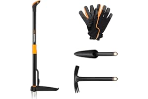 Fiskars Gardening Tools Set 4 Pieces Xact Weed Cutters Stainless Steel/Plastic Solid Combination Hoe and Trowel FiberComp Gardening Work Gloves Size 10 Black/Orange 1077308
